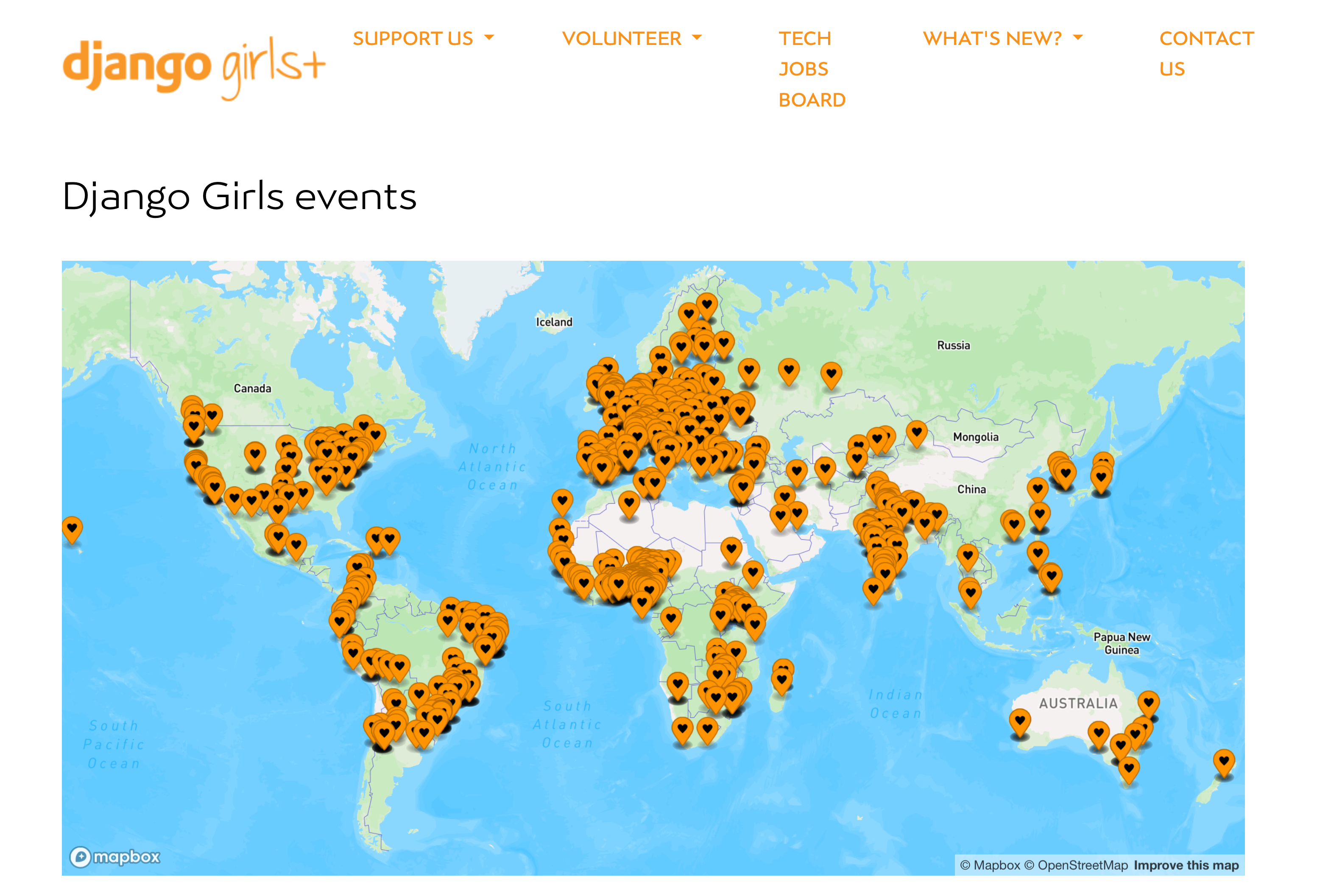Image of the map in the Django Girls website showing all Django Girls events in a map