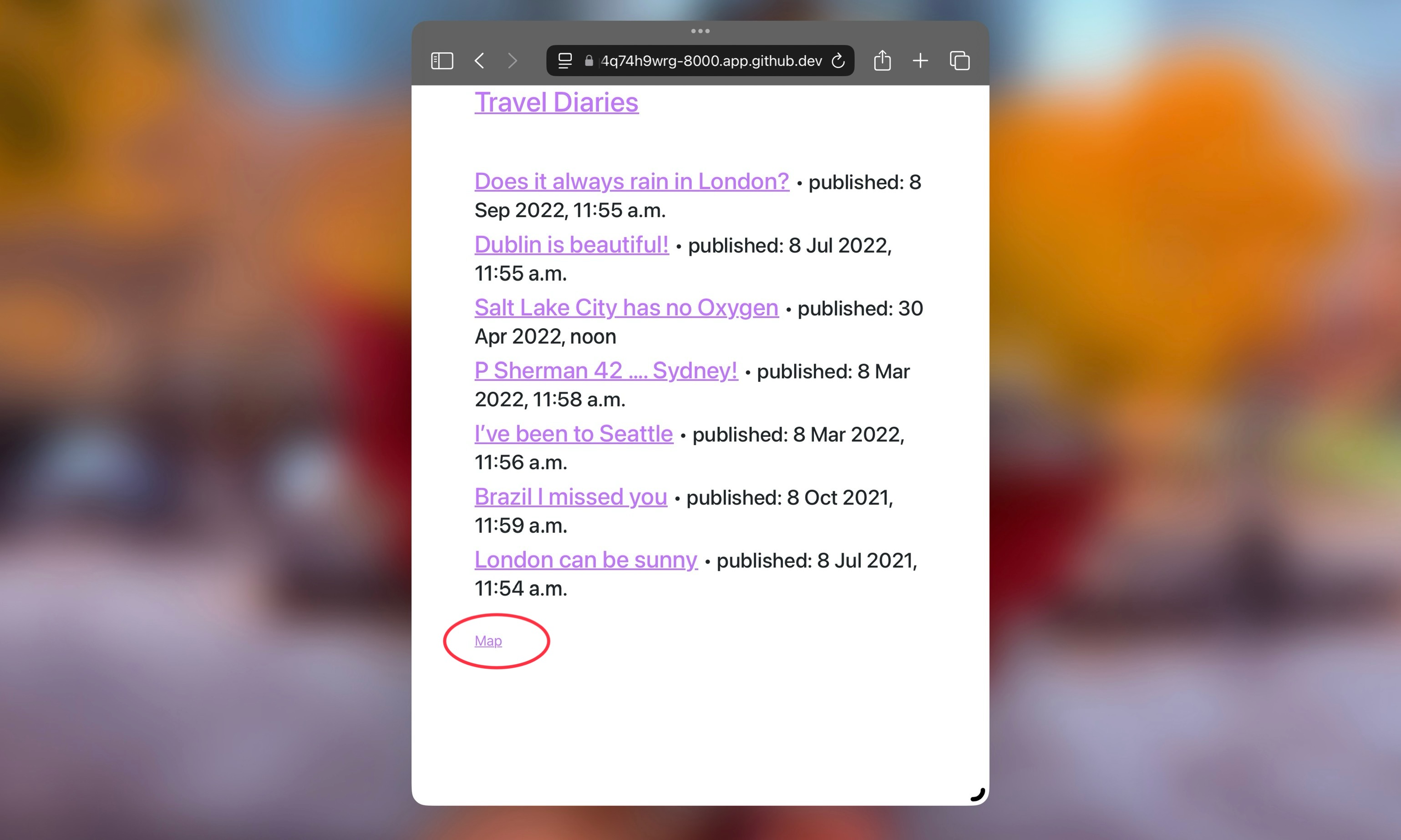Image of the post list from the user perspective with the map link in the footer circled