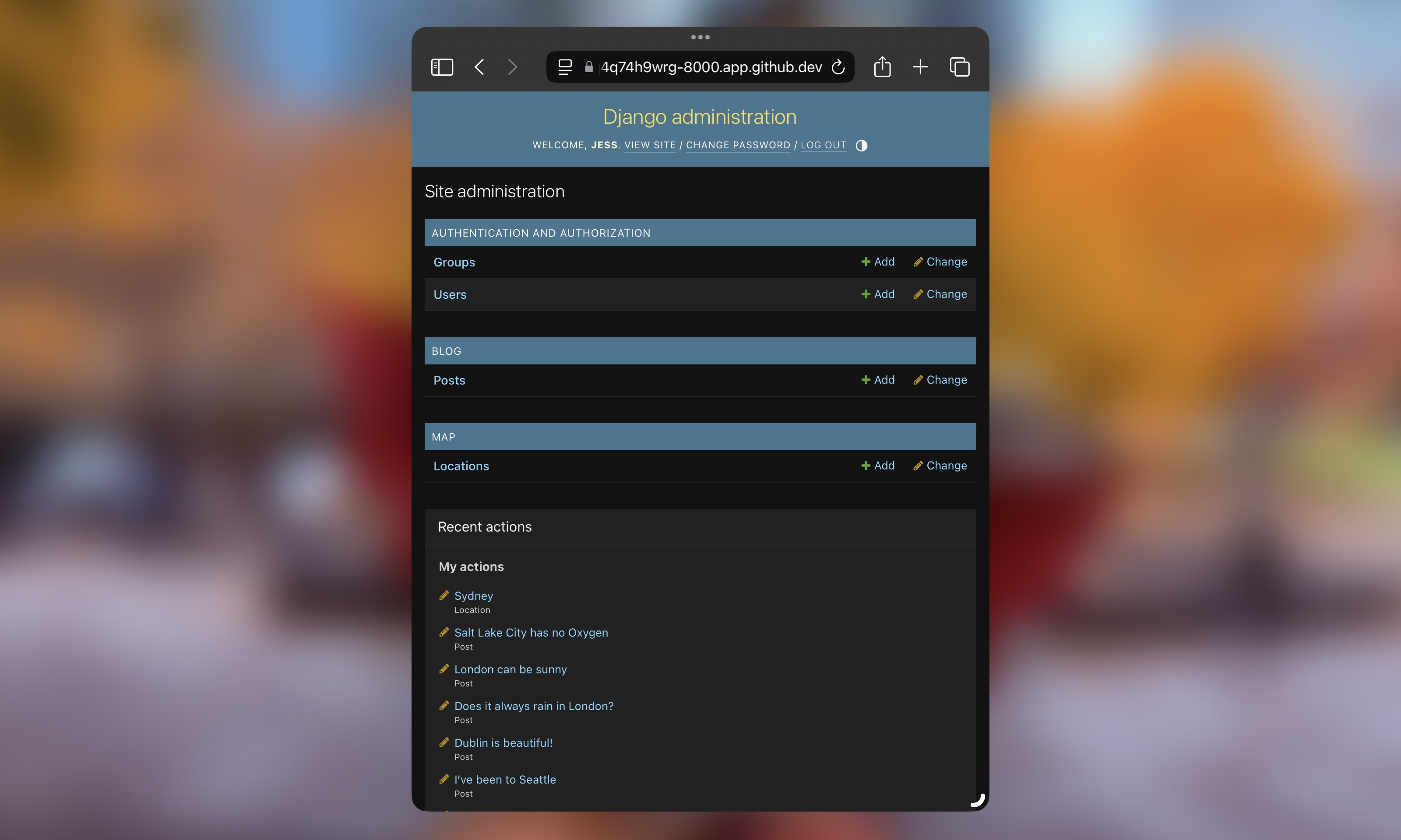 Image of the Django admin now showing also Locations