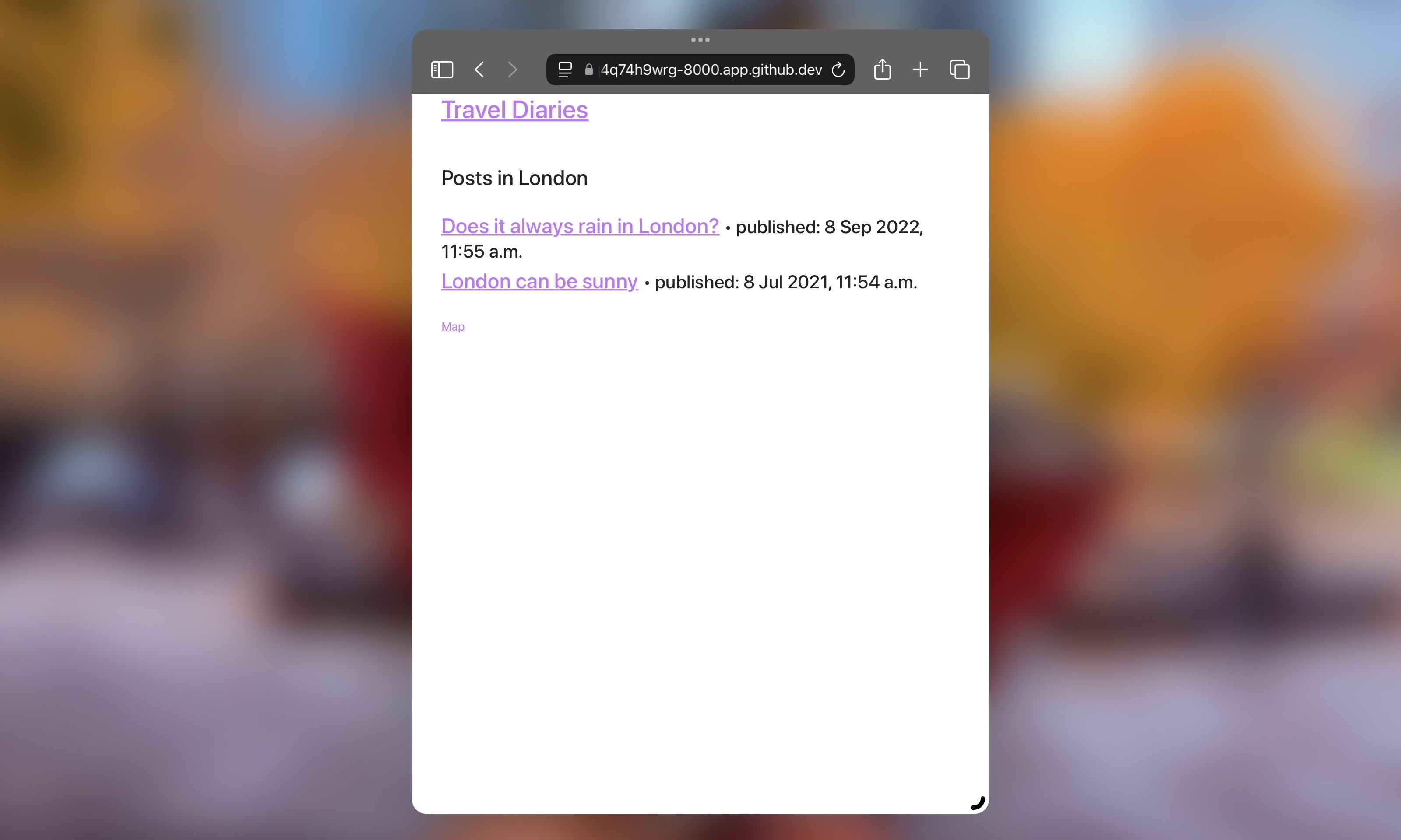 Image showing the page for a given location with a list of corresponding blog posts